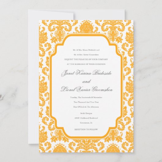 Dunkle Mandarine Hochzeiten Damask Muster Custom I Einladung (Vorderseite)