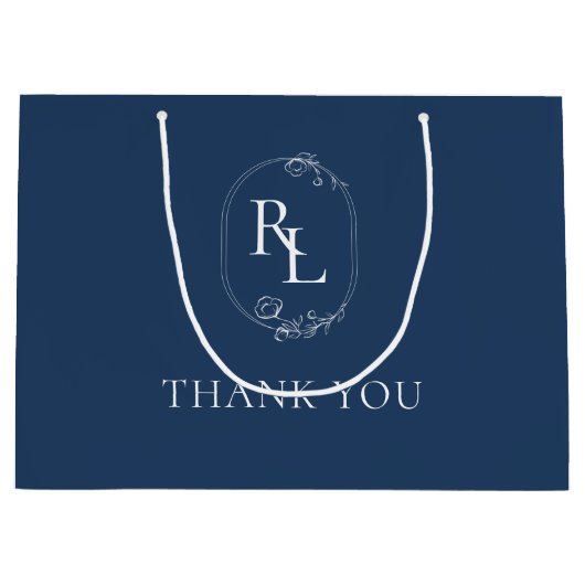 Dunkle Marine | Floral Monogram Wedding Vielen Dan Große Geschenktüte (Vorderseite)