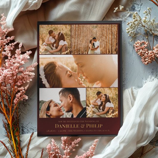 Dunkle Maroon Gold Clean Foto Collage informell Folieneinladung