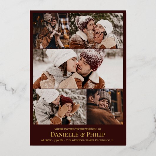 Dunkle Maroon Gold Clean Foto Collage informell Folieneinladung (Vorderseite)