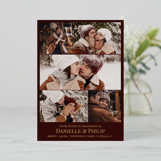 Dunkle Maroon Gold Clean Foto Collage informell Folieneinladung (Stehend vorne)