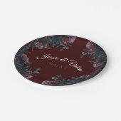 Dunkle Maroon Herbstblütenhochzeit Pappteller (Schrägansicht)