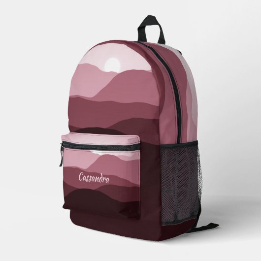 Dunkle Mauve Light Pink Maroon Red Waves Muster Bedruckter Rucksack (Rückseitige Ecke Rechts)