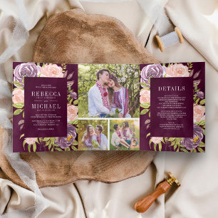 Dunkle, melancholische Pflaume Lila Rosa Florale H Dreifach Gefaltete Einladung
