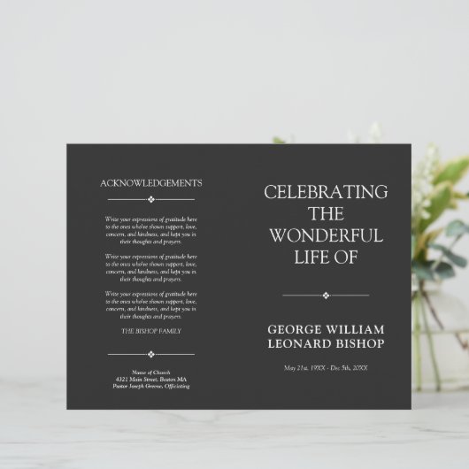 Dunkle Minimalfeier des Programms zur Beerdigung d (Stehend Vorderseite)