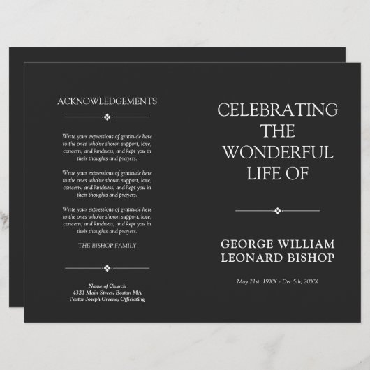 Dunkle Minimalfeier des Programms zur Beerdigung d (Vorne/Hinten)