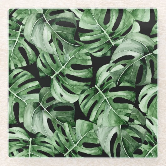 Dunkle Monstera: Tropische Aquarellbilder. Glasuntersetzer (Vorderseite)