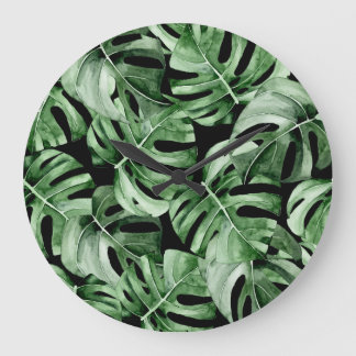 Dunkle Monstera: Tropische Aquarellbilder. Große Wanduhr