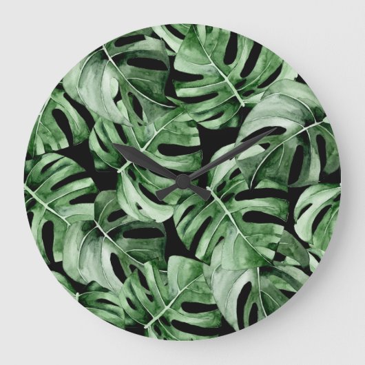 Dunkle Monstera: Tropische Aquarellbilder. Große Wanduhr (Vorderseite)