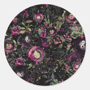 Dunkle Moody Berry Pflaume Glanz Blumen Modern Runder Aufkleber