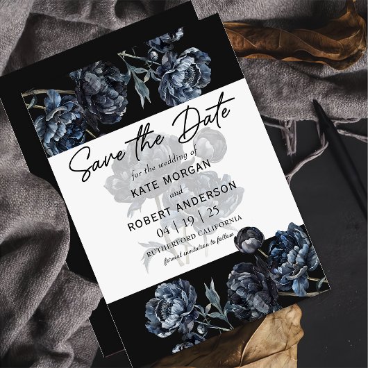 Dunkle Moody Blumenblauer Hochzeit speichern Sie d Save The Date
