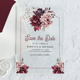 Dunkle Moody-Blumenrahmen-Hochzeit speichern Sie d Acryleinladungen