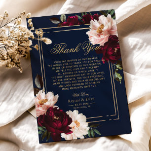 Dunkle Moody Burgunder-Rosa Navy Blau Florale Hoch Dankeskarte