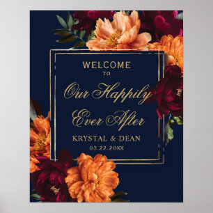 Dunkle Moody Burgunder Verbranntes Orange Florales Poster