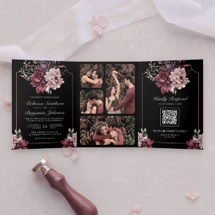 Dunkle Moody Floral Frame Black QR Code Hochzeit Dreifach Gefaltete Einladung