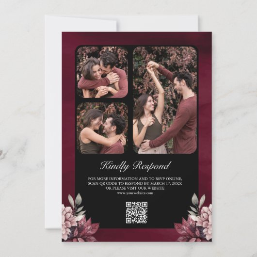 Dunkle Moody Floral Frame Black QR Code Hochzeit Einladung (Rückseite)