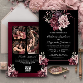 Dunkle Moody Floral Frame Black QR Code Hochzeit Einladung
