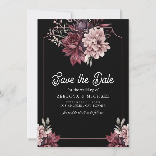 Dunkle Moody Floral Frame Foto Black Wedding Save The Date (Vorderseite)