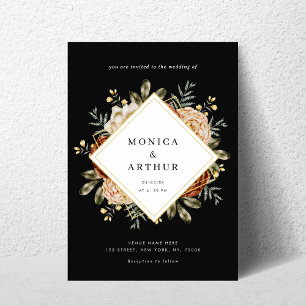 Dunkle Moody Floral & Gold Frame QR Code Hochzeit Einladung