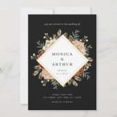 Dunkle Moody Floral & Gold Frame QR Code Hochzeit Einladung (Vorderseite)