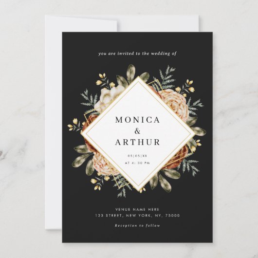 Dunkle Moody Floral & Gold Frame QR Code Hochzeit Einladung (Vorderseite)
