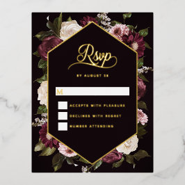 Dunkle Moody Floral Wedding RSVP Card Gold Foil Folie Einladungspostkarte