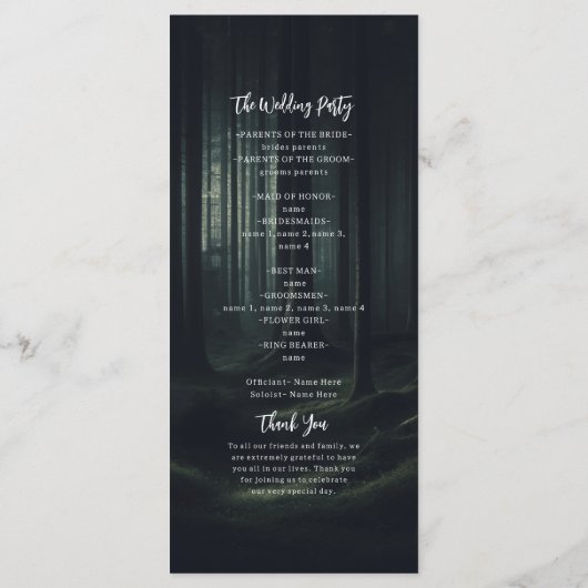 Dunkle Moody Forest Trees Twilight Hochzeitsprogra Programm (Rückseite)