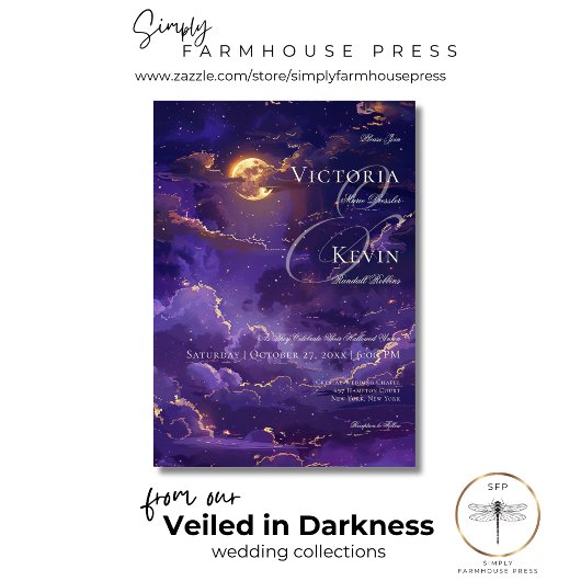 Dunkle Moody Lila- und Goldwolken-Hochzeit Einladung