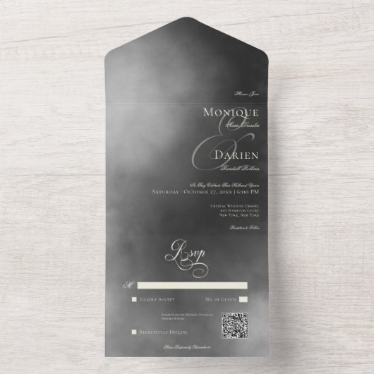 Dunkle Moody Midnight Black Fog QR Code Wedding All In One Einladung (Innen Boden)