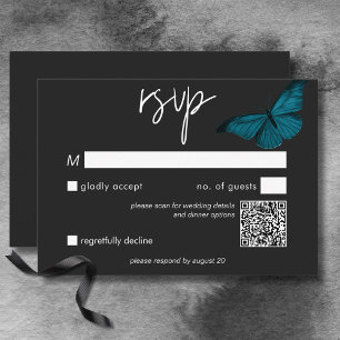 Dunkle Moody Minimal Aquamarine Moth Wedding QR Co RSVP Karte