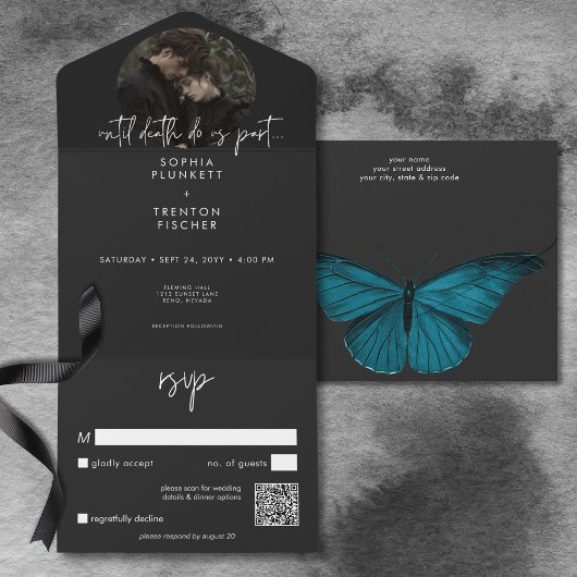 Dunkle Moody Minimal Moth Foto QR Code Wedding All In One Einladung