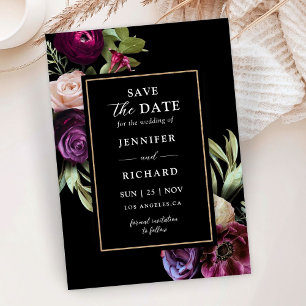 Dunkle Moody Purple Blumen Schwarz Save the Date Einladung