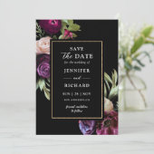 Dunkle Moody Purple Blumen Schwarz Save the Date Einladung (Stehend Vorderseite)