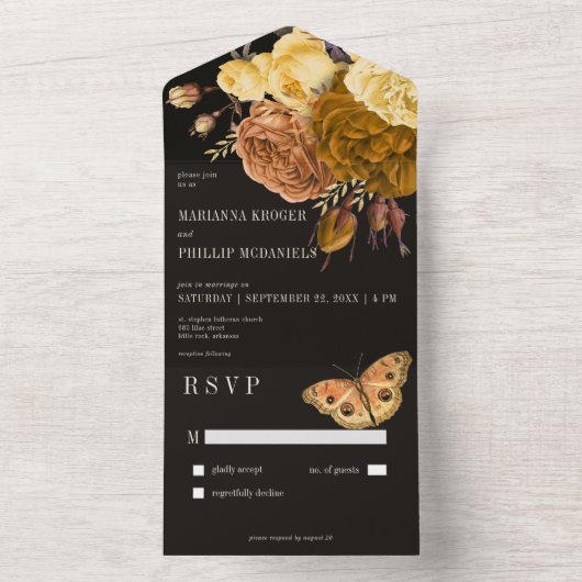 Dunkle Moody Schwarzer Herbst Blumen kein Abendess All In One Einladung (Innen)