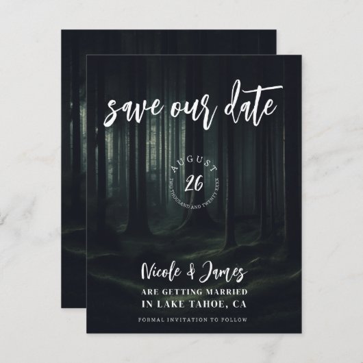 Dunkle Moody-Waldbäume bei Twilight Save the Date Einladung (Vorne/Hinten)