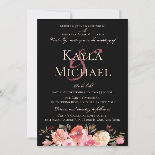 Dunkle Moody Wedding Monogram Blush Winter Rose Einladung (Rückseite)