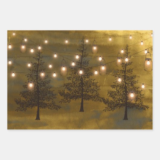Dunkle Moody Winter Szene Gold Mason Jar Lights Geschenkpapier Set (Vorderseite)