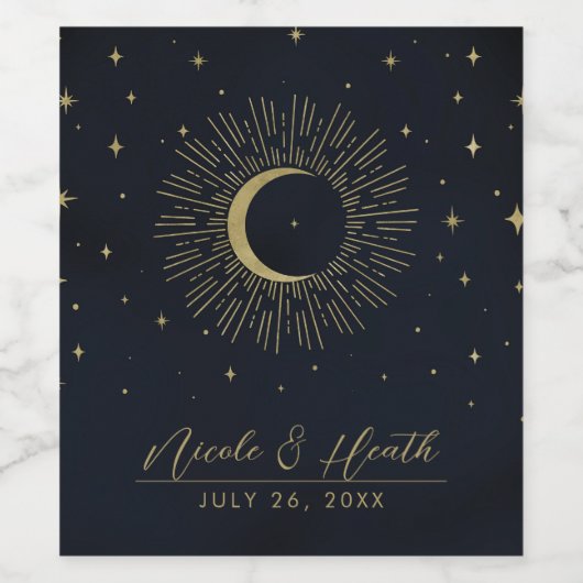 Dunkle Nacht Gold Celestial Sunburst Moon Hochzeit Weinetikett (Einzelnes Label)