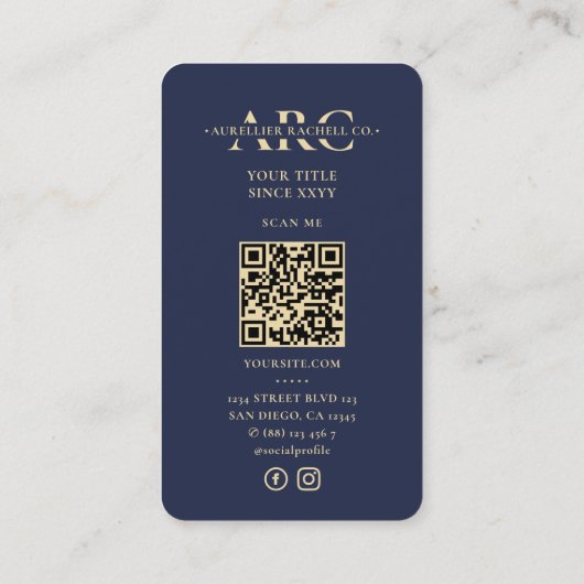 Dunkle Navy Berufliches Marketing Monogram Visitenkarte (Rückseite)