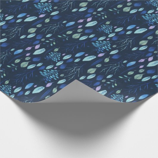 Dunkle Navy Blue Botanical Blätter Garden Wasserfa Geschenkpapier (Ecke)