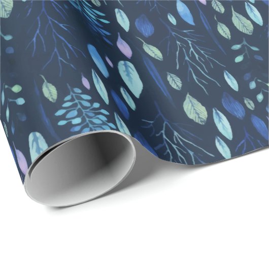 Dunkle Navy Blue Botanical Blätter Garden Wasserfa Geschenkpapier (Rolleneckpunkt)