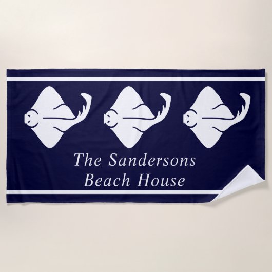 Dunkle Navy Blue Coastal Nautical Stingray Manta R Strandtuch (Vorderseite)