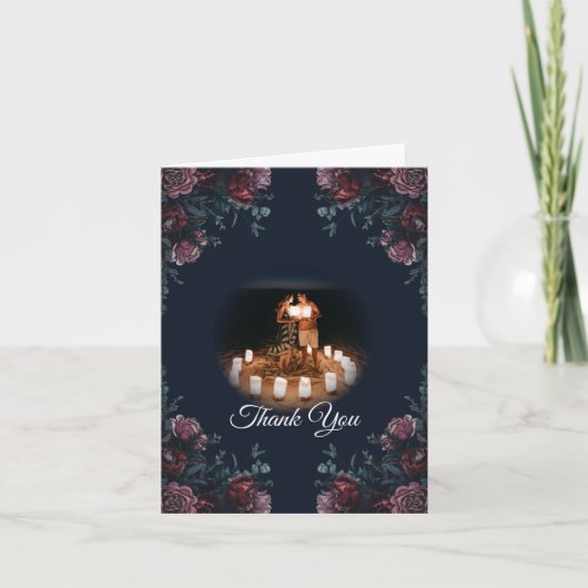 Dunkle Navy Blue Floral Elegante Hochzeit Dankeskarte (Vorderseite)