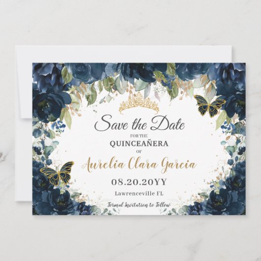 Dunkle Navy Blue Floral Quinceañera Save the Date (Vorderseite)