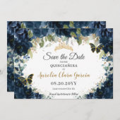 Dunkle Navy Blue Floral Quinceañera Save the Date (Vorne/Hinten)