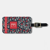Dunkle Navy Blue Floral Red Grau Weiße Blume Gepäckanhänger (Vorderseite horizontal)