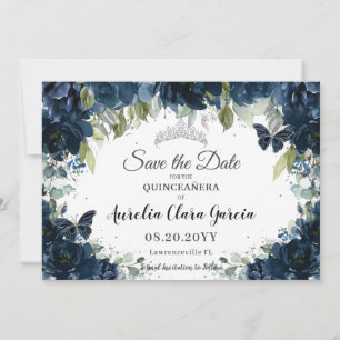 Dunkle Navy Blue Floral XV Quinceañera Save the Da Date