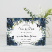 Dunkle Navy Blue Floral XV Quinceañera Save the Da Date (Stehend Vorderseite)