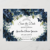 Dunkle Navy Blue Floral XV Quinceañera Save the Da Save The Date (Vorne/Hinten)