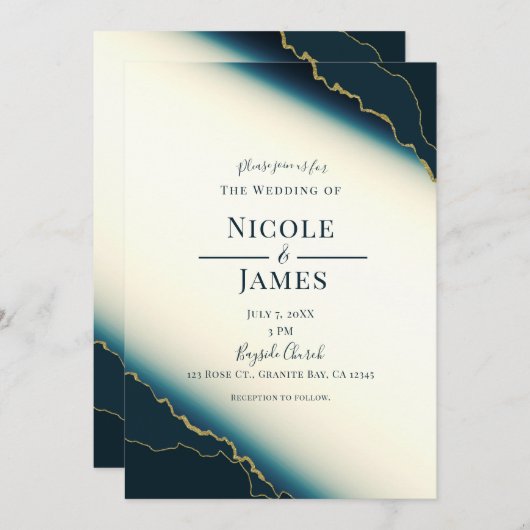 Dunkle Navy Blue & Gold Moderne Küstenstrasse Hoch Einladung (Vorne/Hinten)